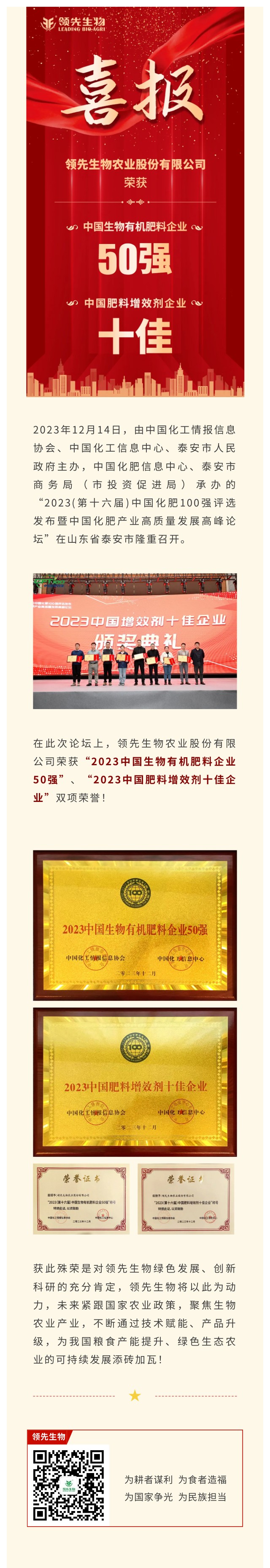 實力上榜 | 領先生物榮獲2023中國生物有機肥料企業(yè)50強！中國肥料增效劑十佳企業(yè)！